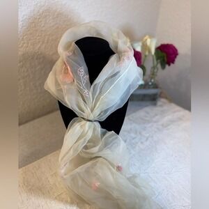 Vtg 1950s Bariba Georgie Nylon Scarf - Hidden Geisha Novelty Embroidery - 60x20